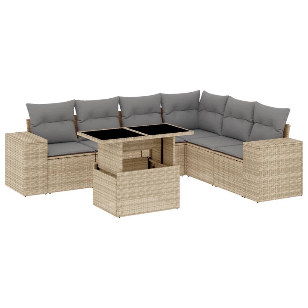 vidaXL 7-tlg. Garten-Sofagarnitur mit Kissen Beige Poly Rattan