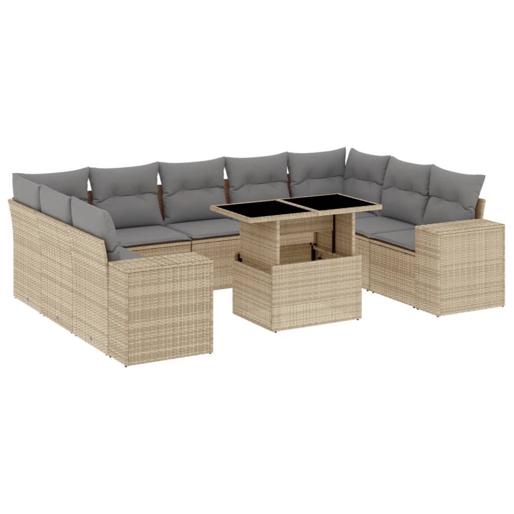 vidaXL 10-tlg. Garten-Sofagarnitur mit Kissen Beige Poly Rattan
