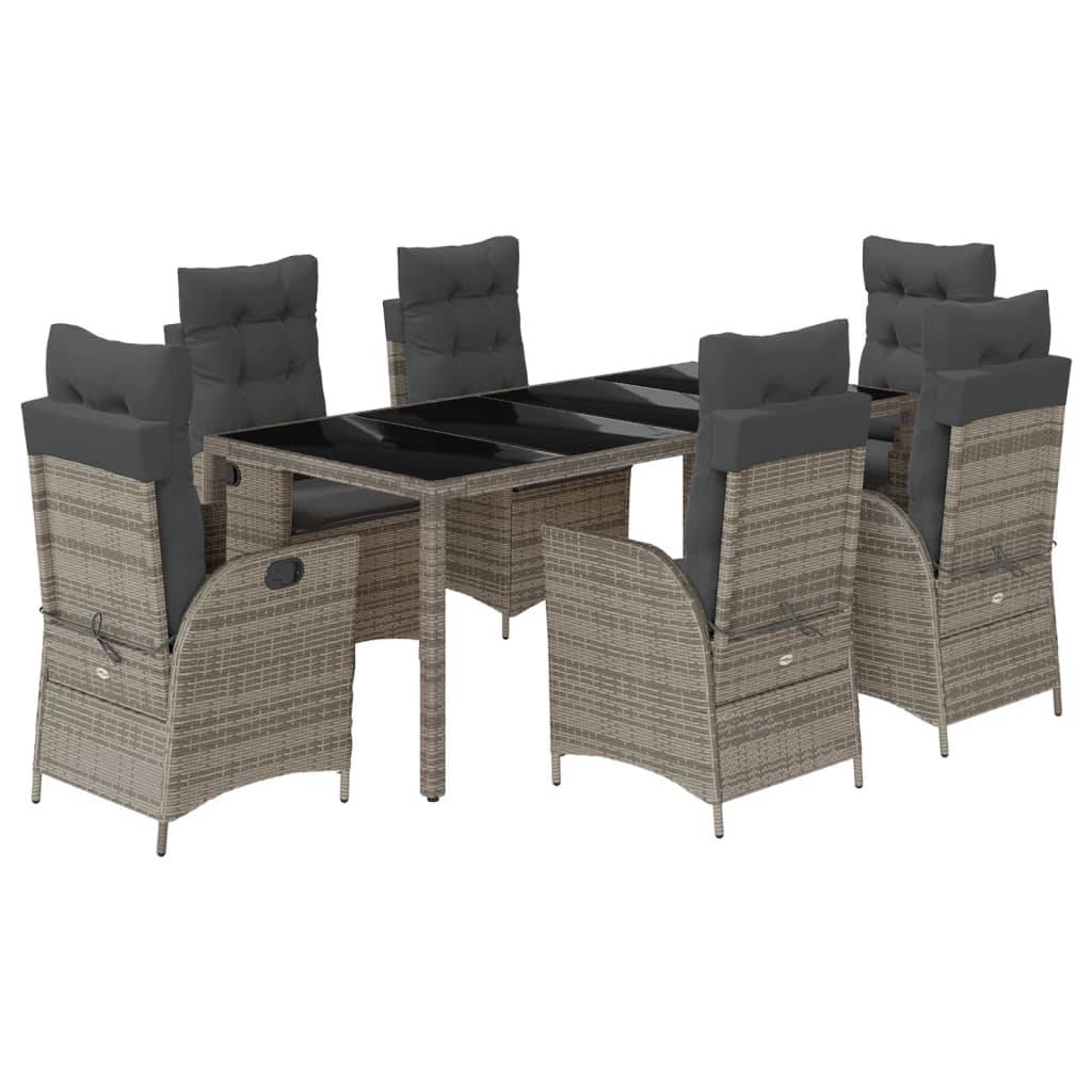 vidaXL 7-tlg. Garten-Essgruppe mit Kissen Grau Poly Rattan