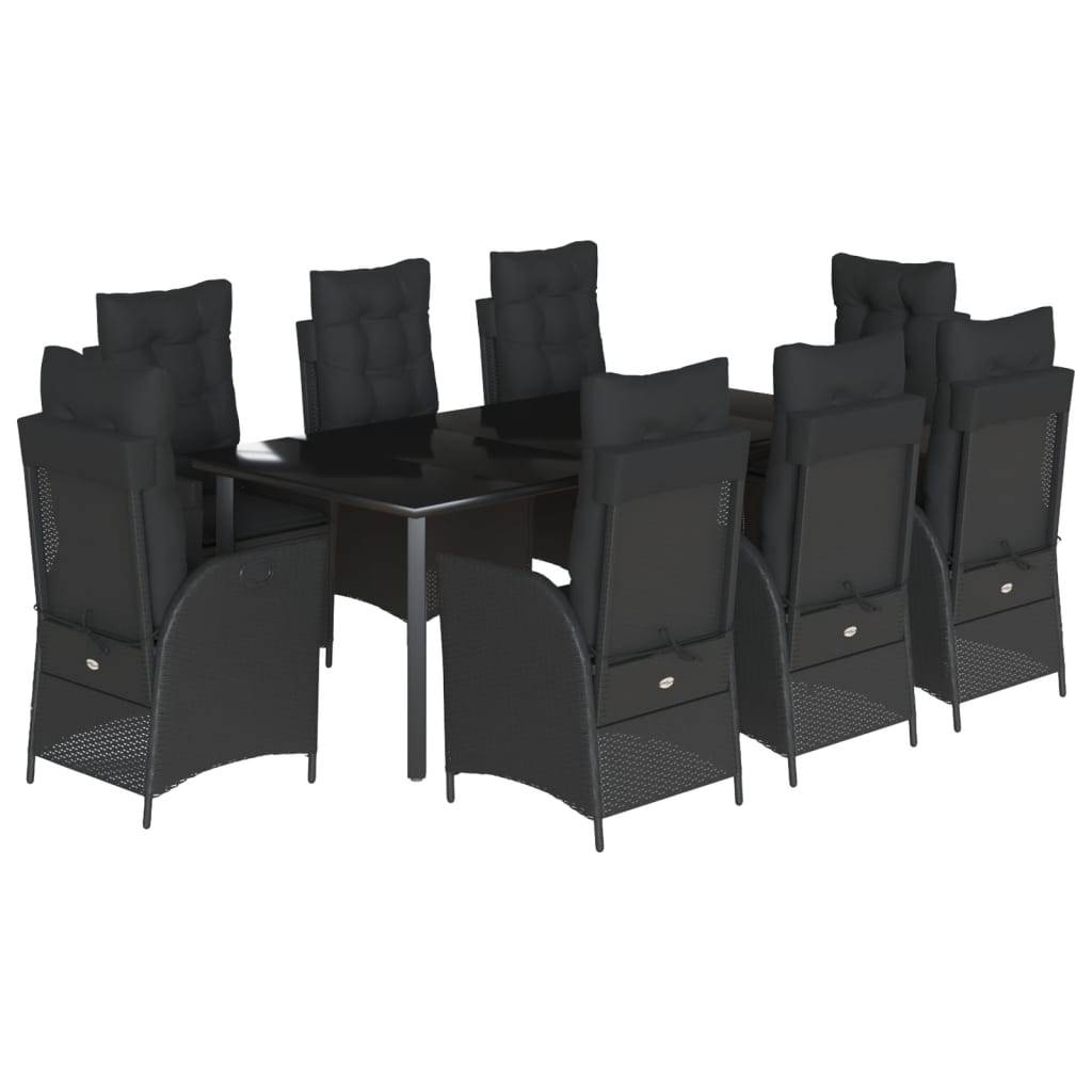 vidaXL 9-tlg. Garten-Essgruppe mit Kissen Schwarz Poly Rattan