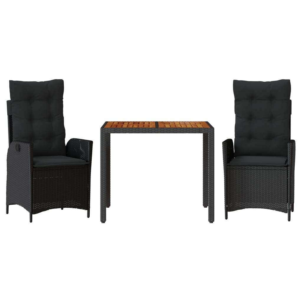 vidaXL 3-tlg. Garten-Essgruppe mit Kissen Schwarz Poly Rattan