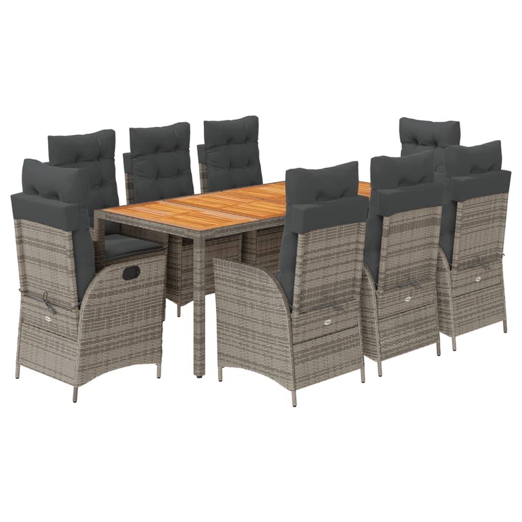 vidaXL 9-tlg. Garten-Essgruppe mit Kissen Grau Poly Rattan
