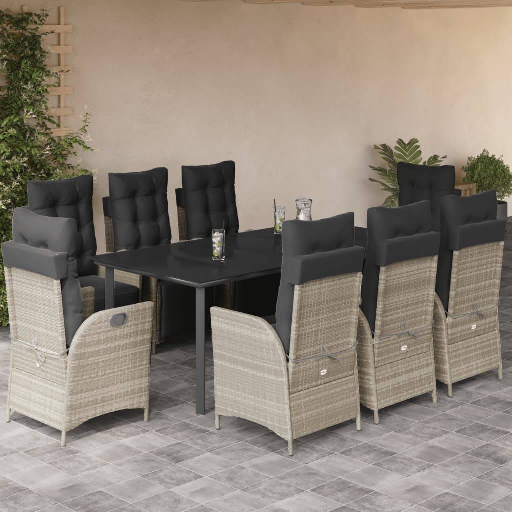 vidaXL 9-tlg. Garten-Essgruppe mit Kissen Hellgrau Poly Rattan