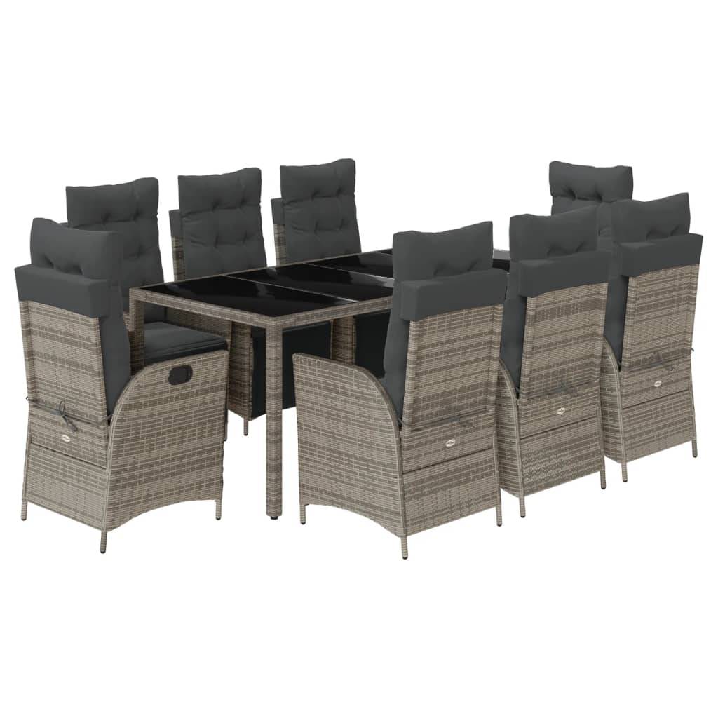 vidaXL 9-tlg. Garten-Essgruppe mit Kissen Grau Poly Rattan