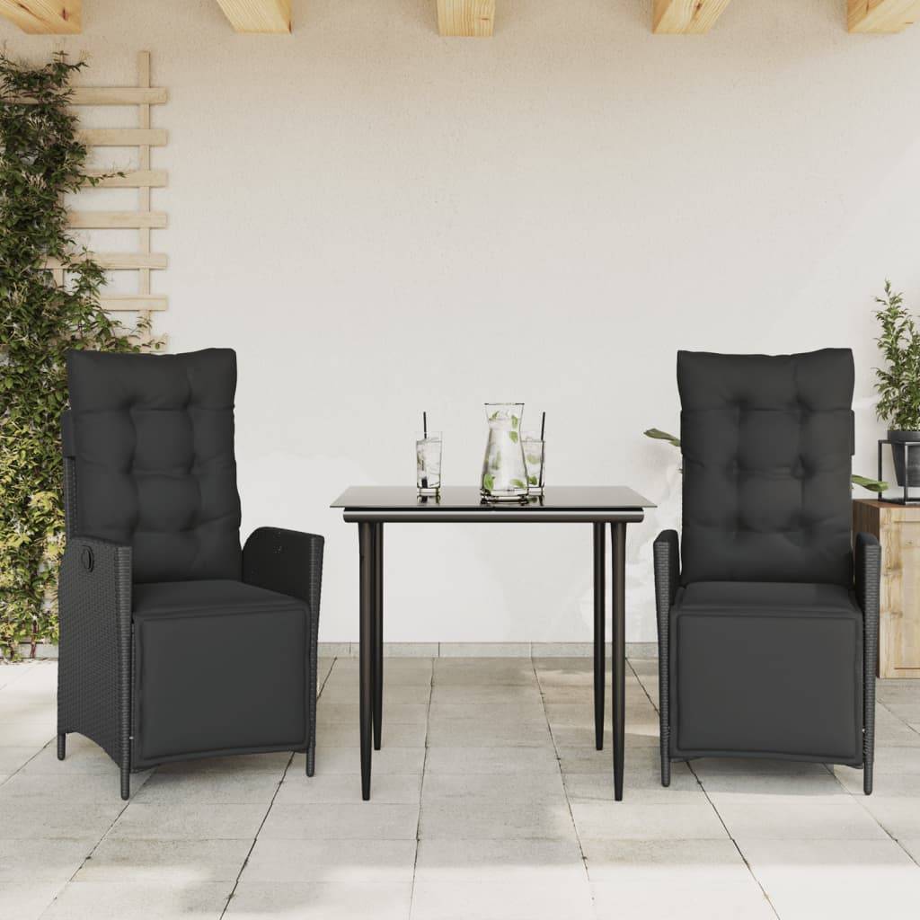 vidaXL 3-tlg. Garten-Essgruppe mit Kissen Schwarz Poly Rattan