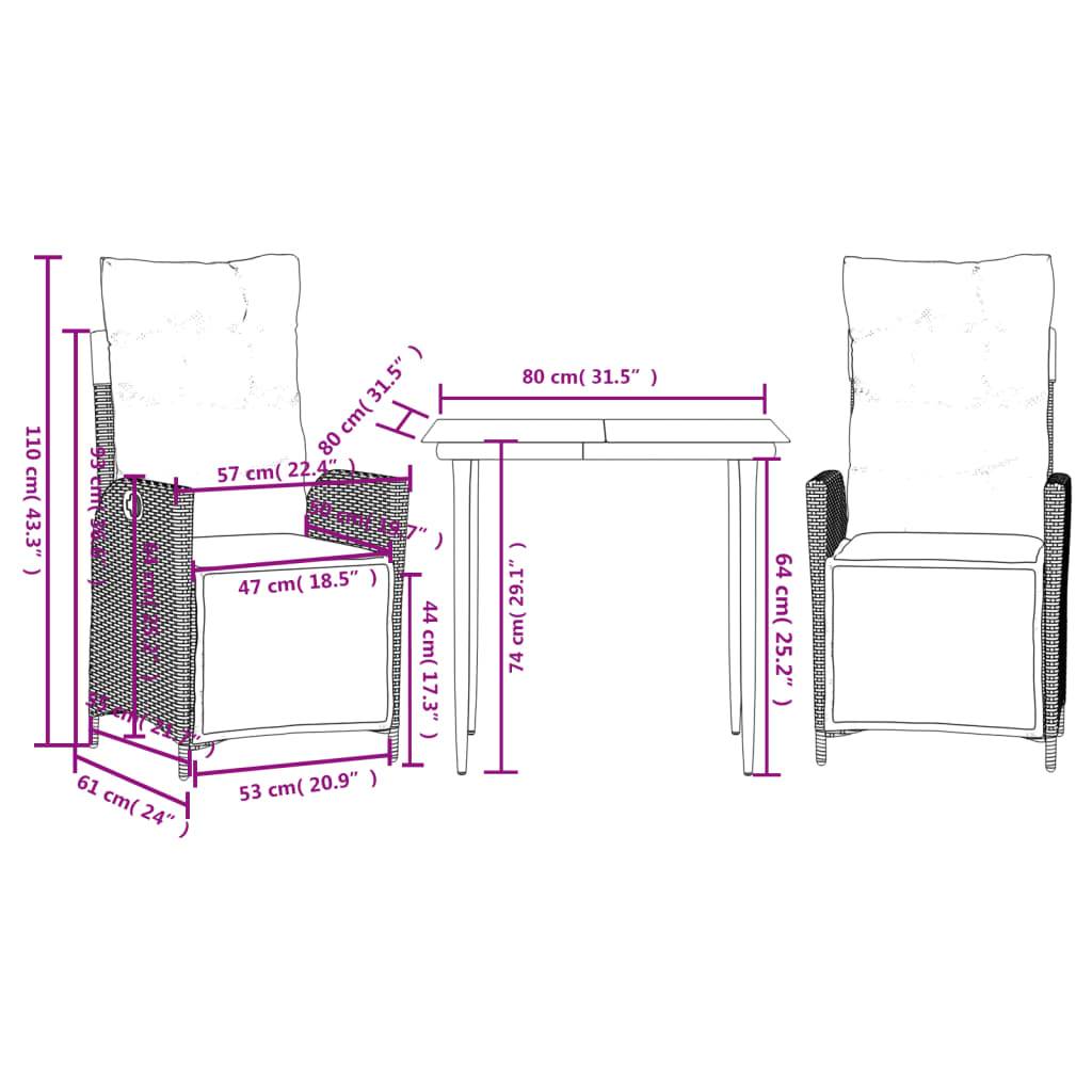 vidaXL 3-tlg. Garten-Essgruppe mit Kissen Grau Poly Rattan