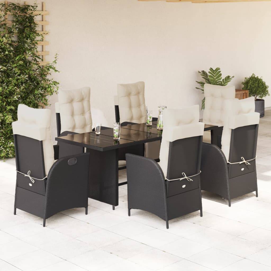 vidaXL 7-tlg. Garten-Essgruppe mit Kissen Schwarz Poly Rattan