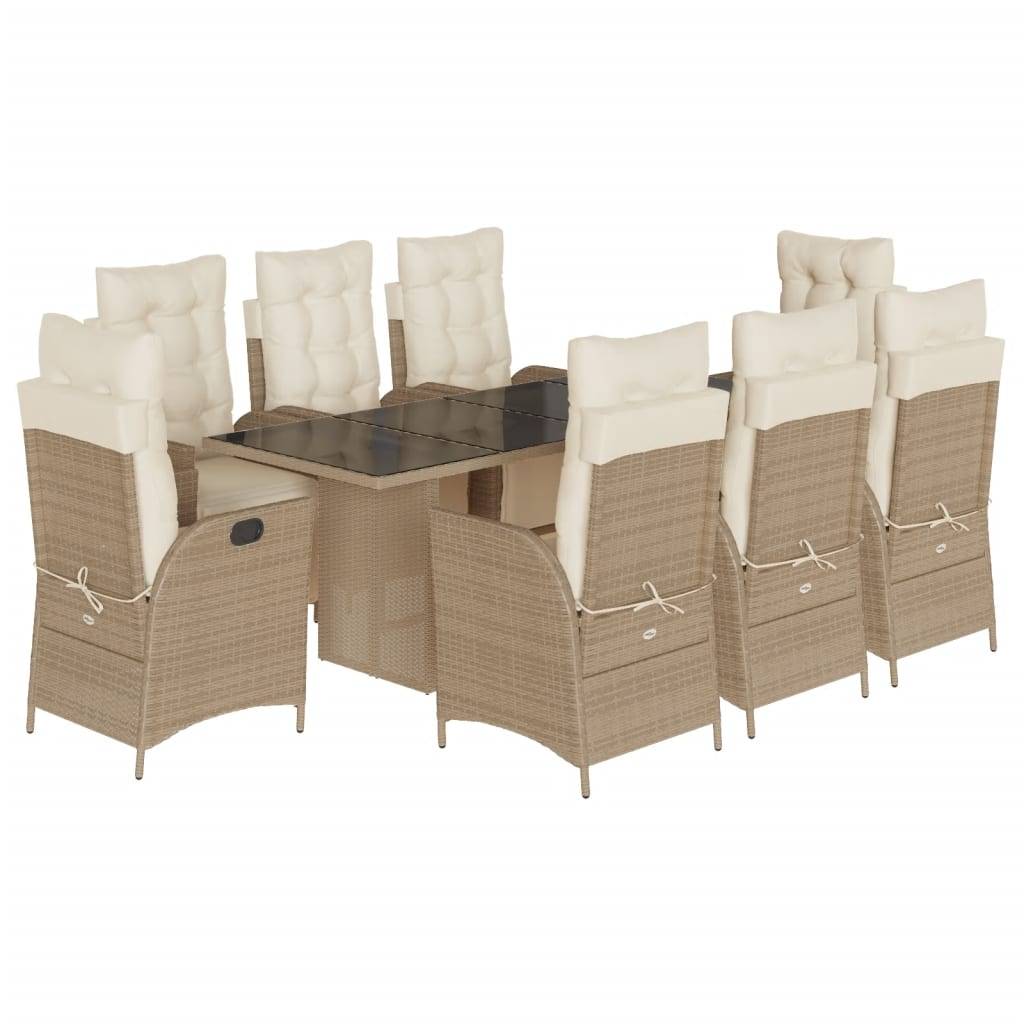 vidaXL 9-tlg. Garten-Essgruppe mit Kissen Beige Poly Rattan