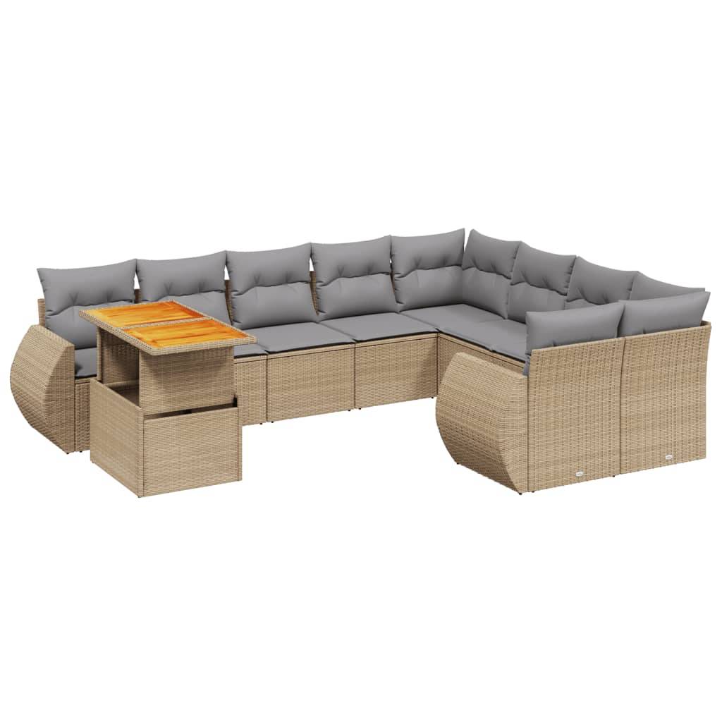 vidaXL 10-tlg. Garten-Sofagarnitur mit Kissen Beige Poly Rattan