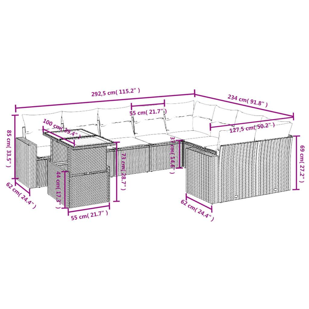 vidaXL 10-tlg. Garten-Sofagarnitur mit Kissen Grau Poly Rattan