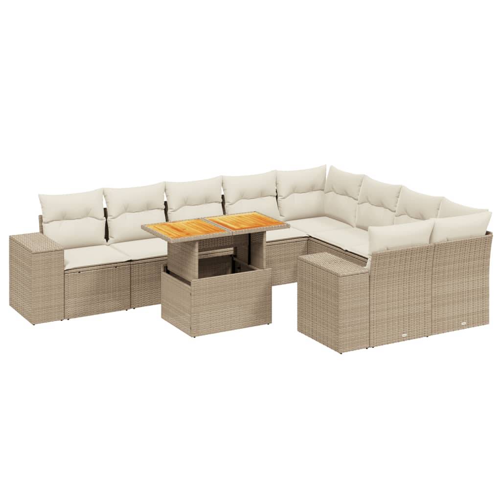 vidaXL 10-tlg. Garten-Sofagarnitur mit Kissen Beige Poly Rattan
