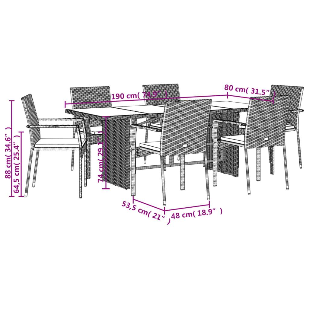 vidaXL 7-tlg. Garten-Essgruppe mit Kissen Schwarz Poly Rattan