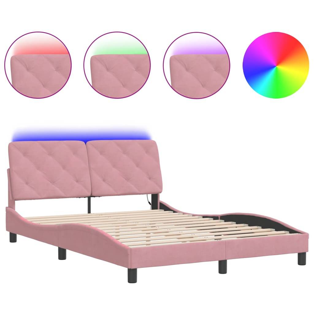 vidaXL Bettgestell mit LED ohne Matratze Rosa 140x190 cm Samt