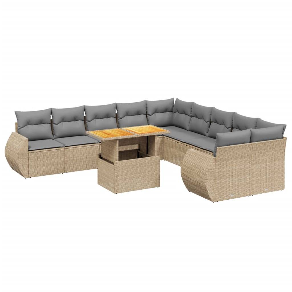 vidaXL 11-tlg. Garten-Sofagarnitur mit Kissen Beige Poly Rattan