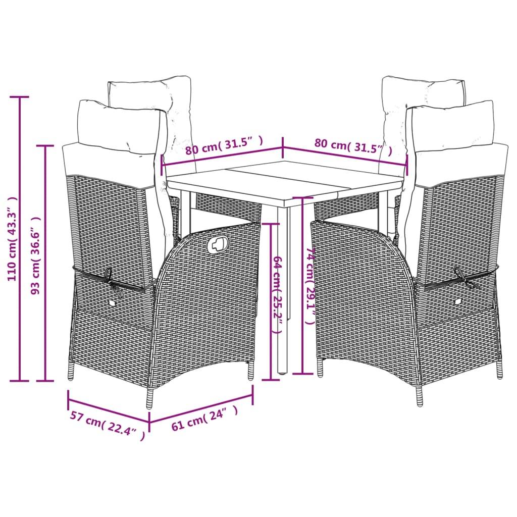 vidaXL 5-tlg. Garten-Essgruppe mit Kissen Schwarz Poly Rattan