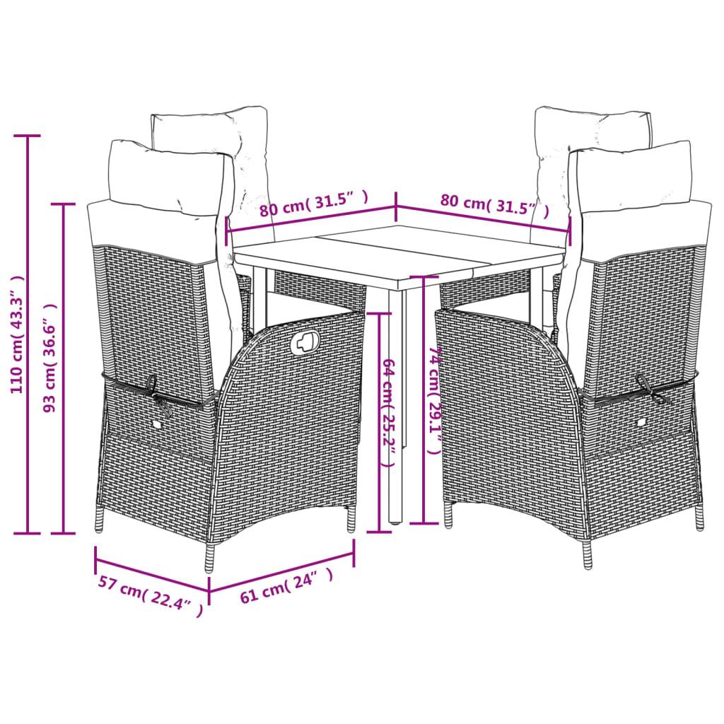 vidaXL 5-tlg. Garten-Essgruppe mit Kissen Schwarz Poly Rattan
