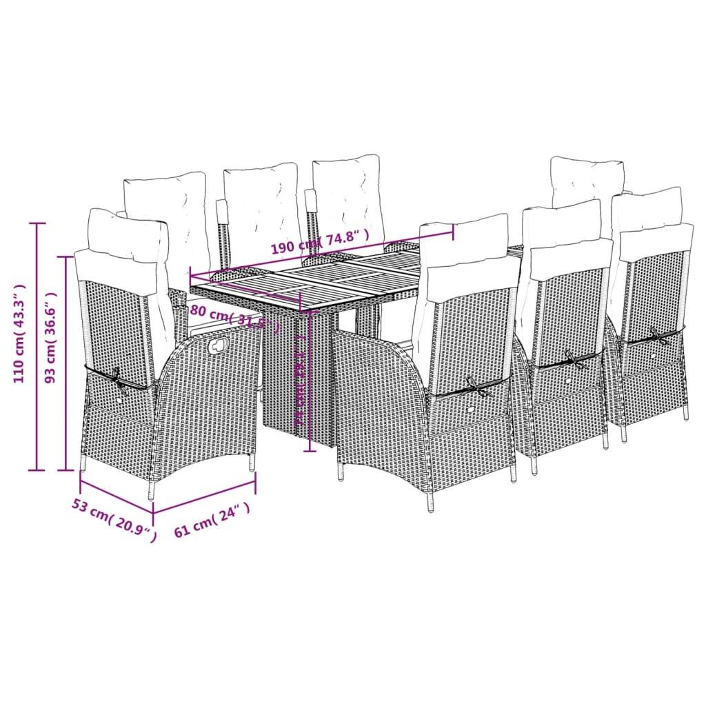 vidaXL 9-tlg. Garten-Essgruppe mit Kissen Beige Poly Rattan
