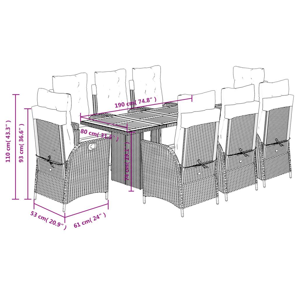 vidaXL 9-tlg. Garten-Essgruppe mit Kissen Grau Poly Rattan
