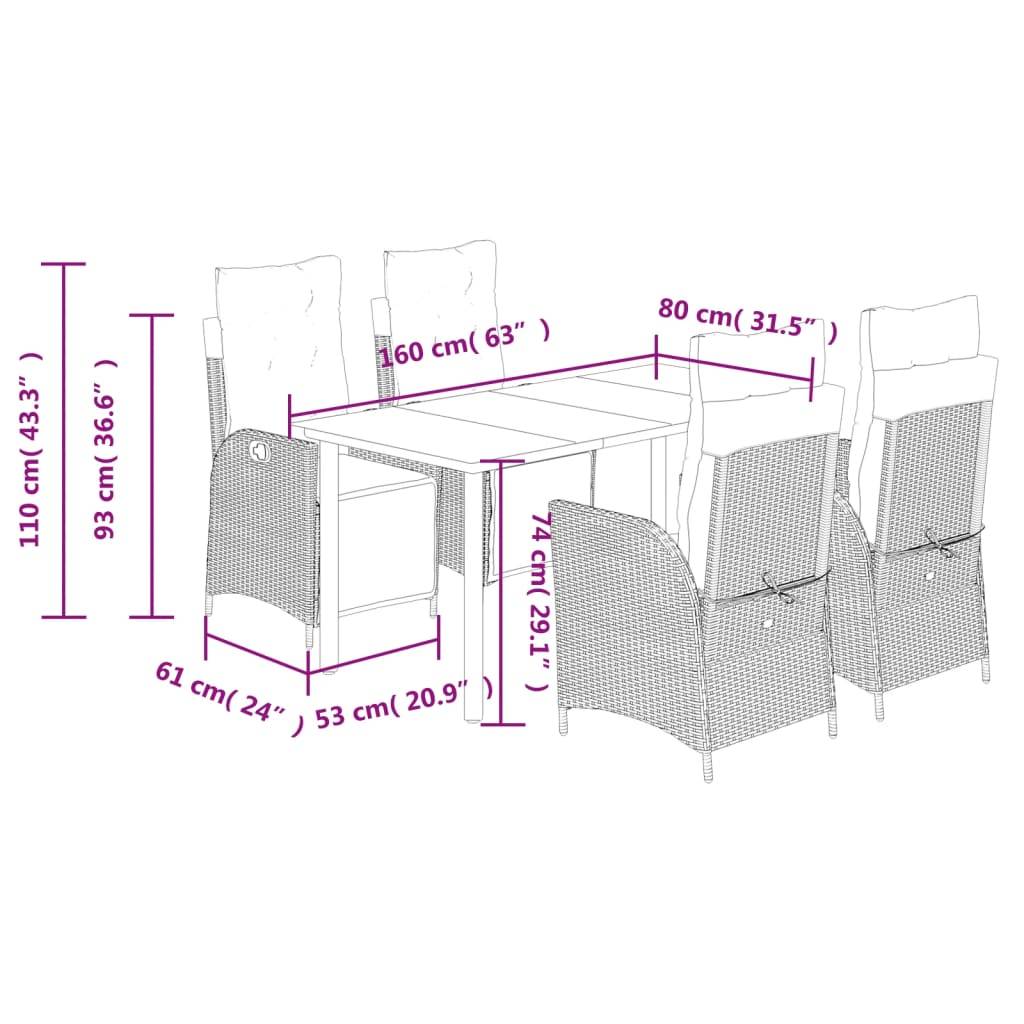 vidaXL 5-tlg. Garten-Essgruppe mit Kissen Braun Poly Rattan