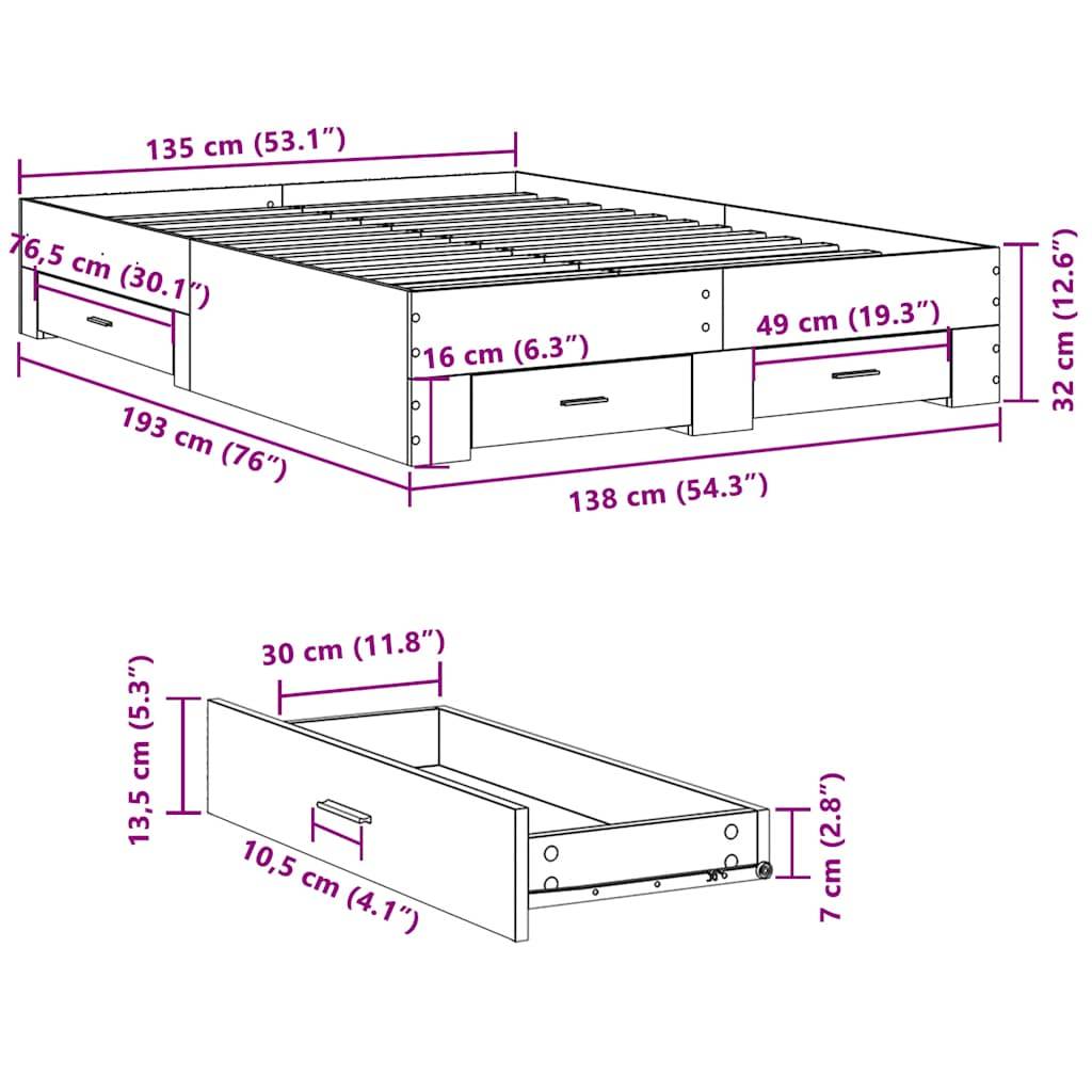 vidaXL Bettgestell mit Schubladen Sonoma-Eiche 135x190cm Holzwerkstoff