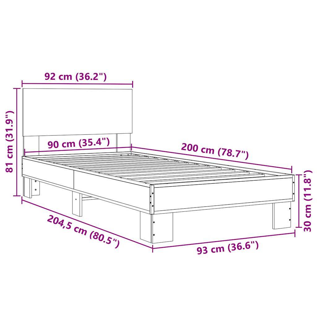 vidaXL Bettgestell Räuchereiche 90x200 cm Holzwerkstoff und Metall