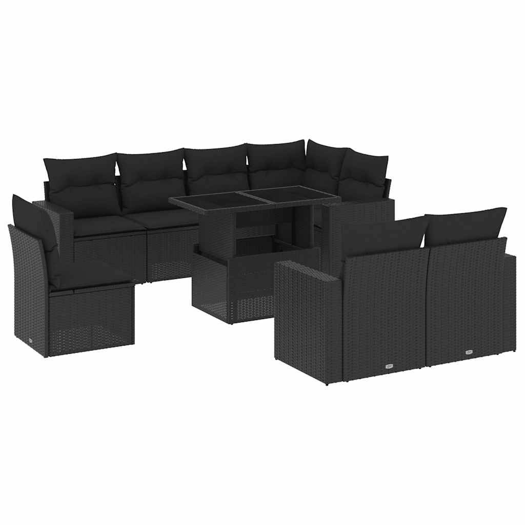vidaXL 9-tlg. Garten-Sofagarnitur mit Kissen Schwarz Poly Rattan