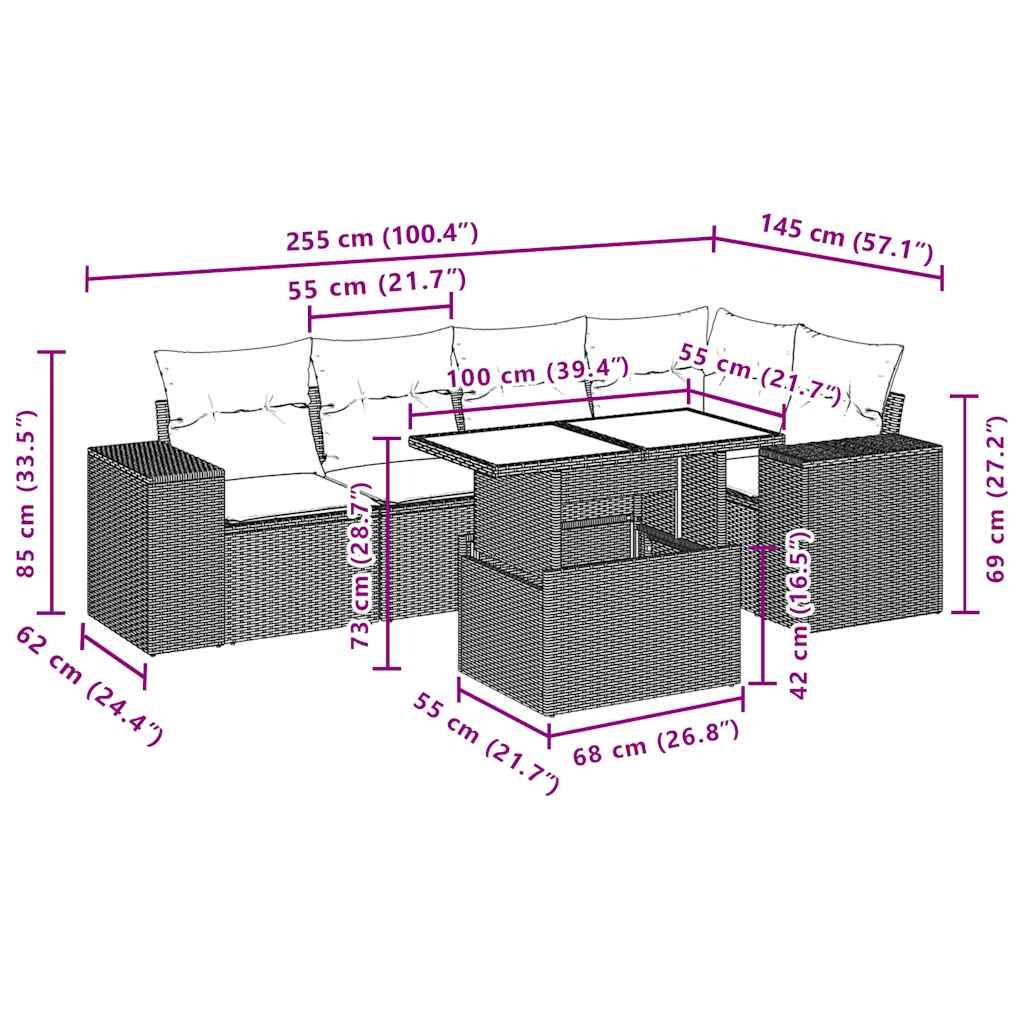 vidaXL 6-tlg. Garten-Sofagarnitur mit Kissen Schwarz Poly Rattan