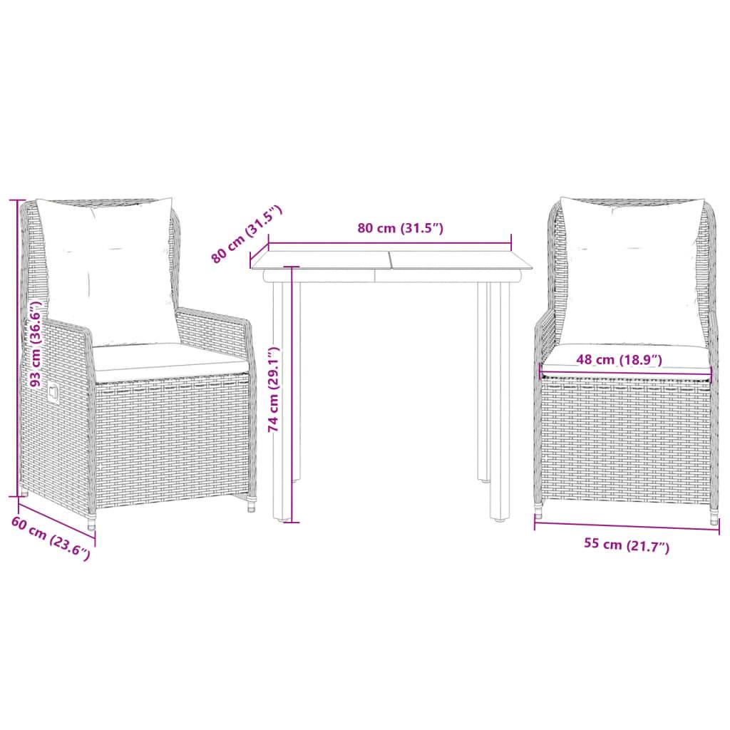 vidaXL 3-tlg. Garten-Essgruppe mit Kissen Schwarz Poly Rattan