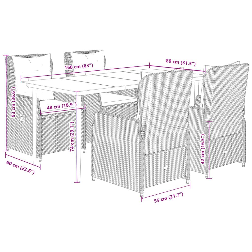 vidaXL 5-tlg. Garten-Essgruppe mit Kissen Hellgrau Poly Rattan