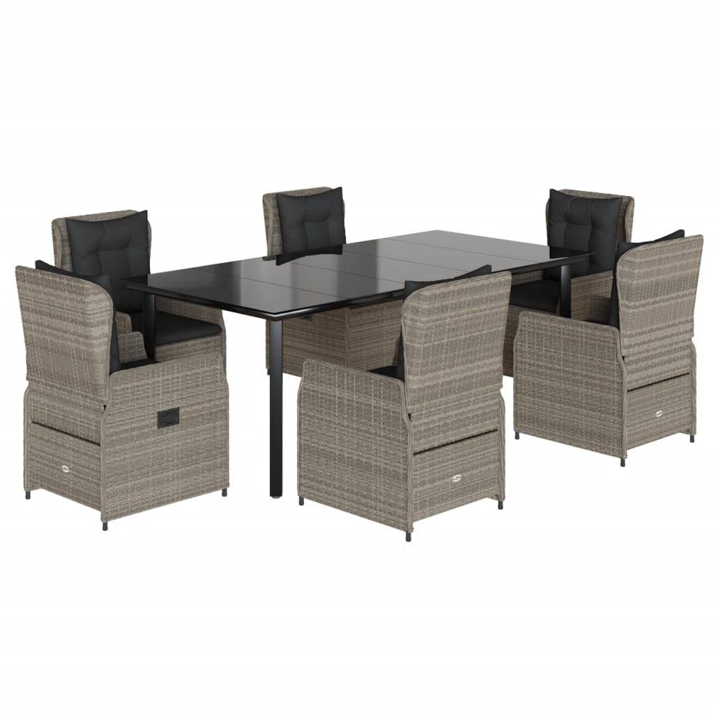 vidaXL 7-tlg. Garten-Essgruppe mit Kissen Hellgrau Poly Rattan