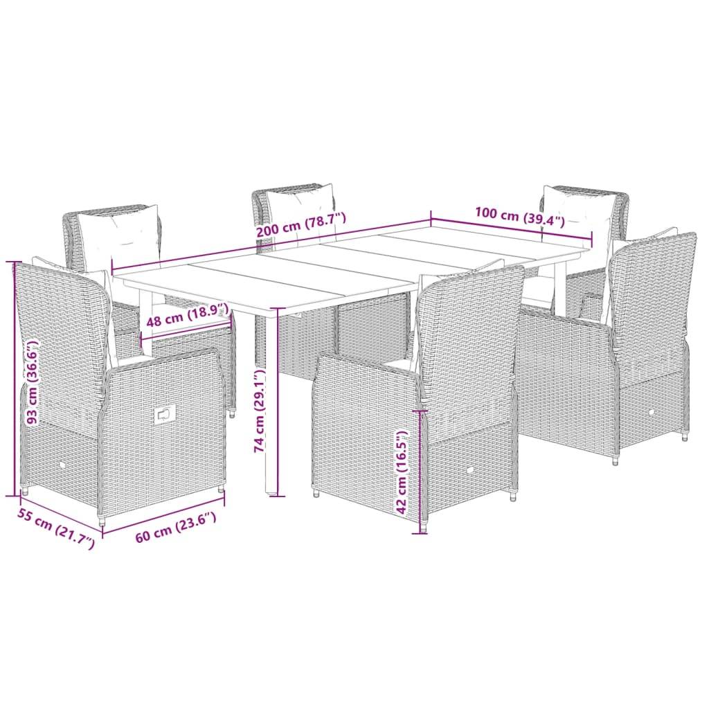 vidaXL 7-tlg. Garten-Essgruppe mit Kissen Hellgrau Poly Rattan