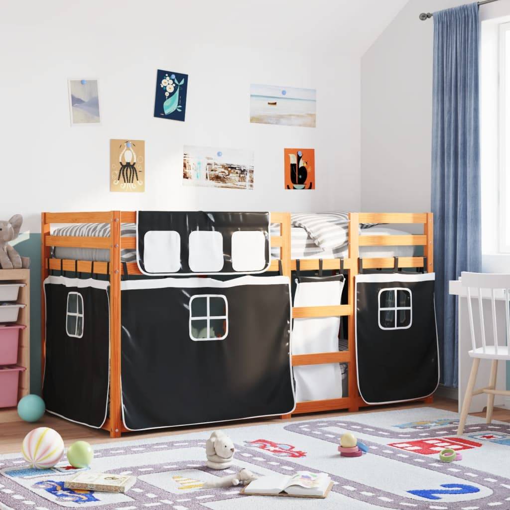 vidaXL Etagenbett mit Vorhängen Weiß & Schwarz 80x200 cm Kiefernholz