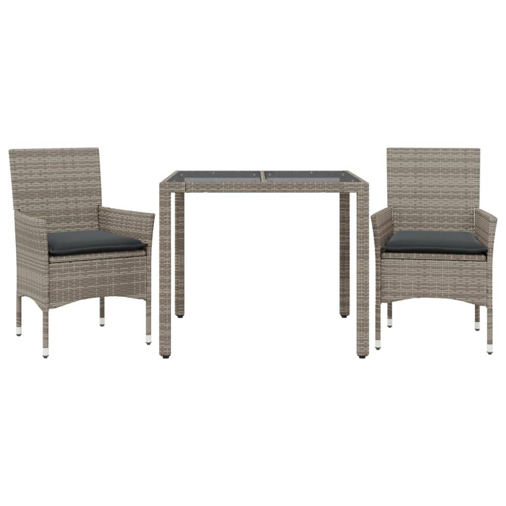 vidaXL 3-tlg. Garten-Essgruppe mit Kissen Grau Poly Rattan und Glas