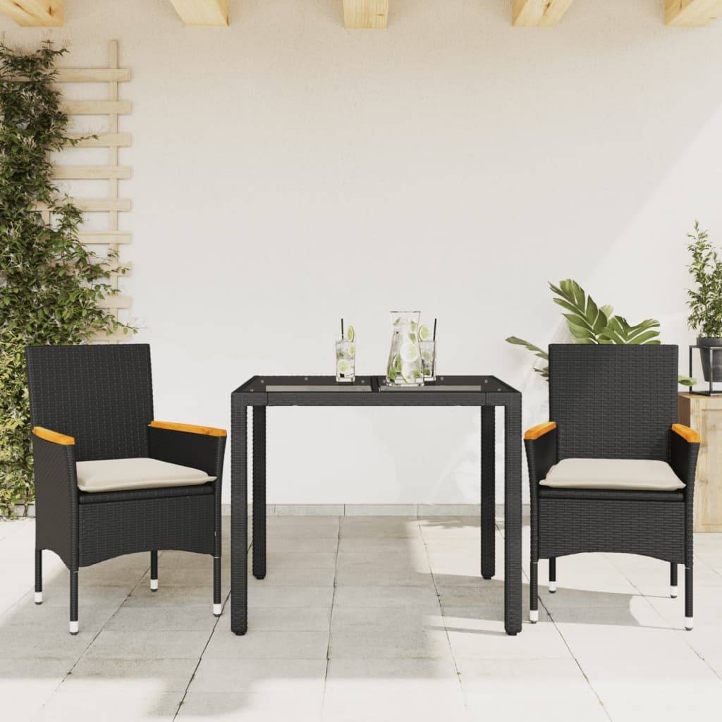 vidaXL 3-tlg. Garten-Essgruppe mit Kissen Schwarz Poly Rattan Glas