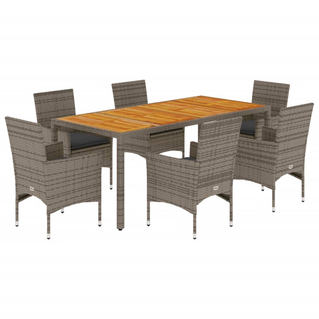 vidaXL 7-tlg. Garten-Essgruppe mit Kissen Grau Poly Rattan Akazie