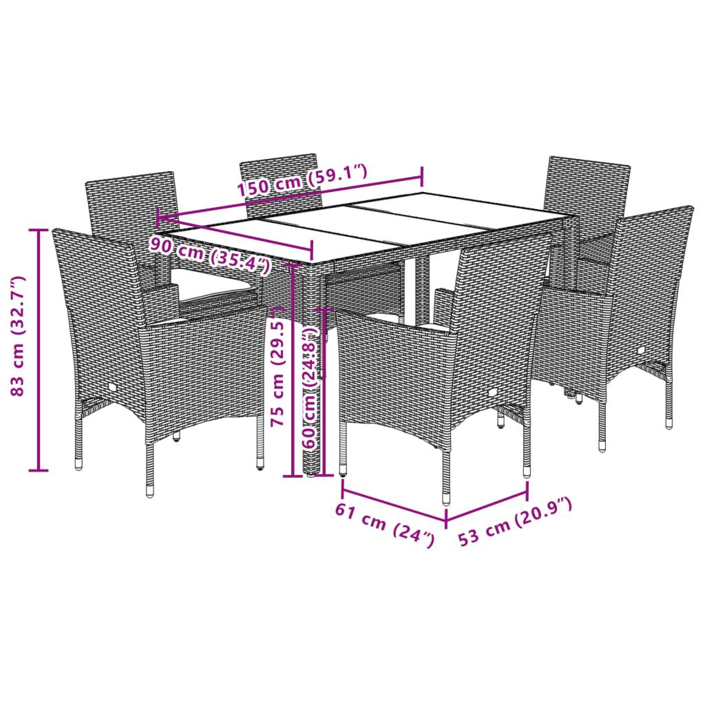 vidaXL 7-tlg. Garten-Essgruppe mit Kissen Schwarz Poly Rattan Akazie