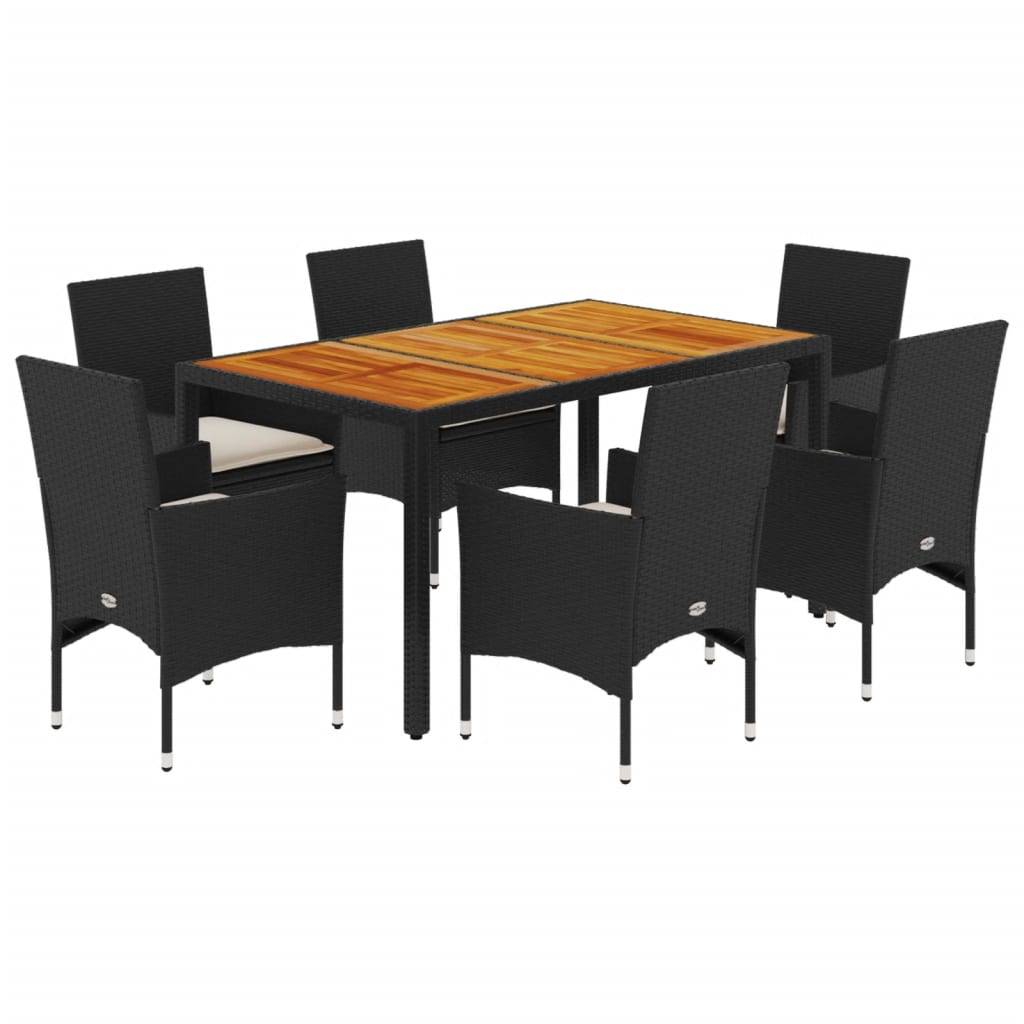 vidaXL 7-tlg. Garten-Essgruppe mit Kissen Schwarz Poly Rattan Akazie
