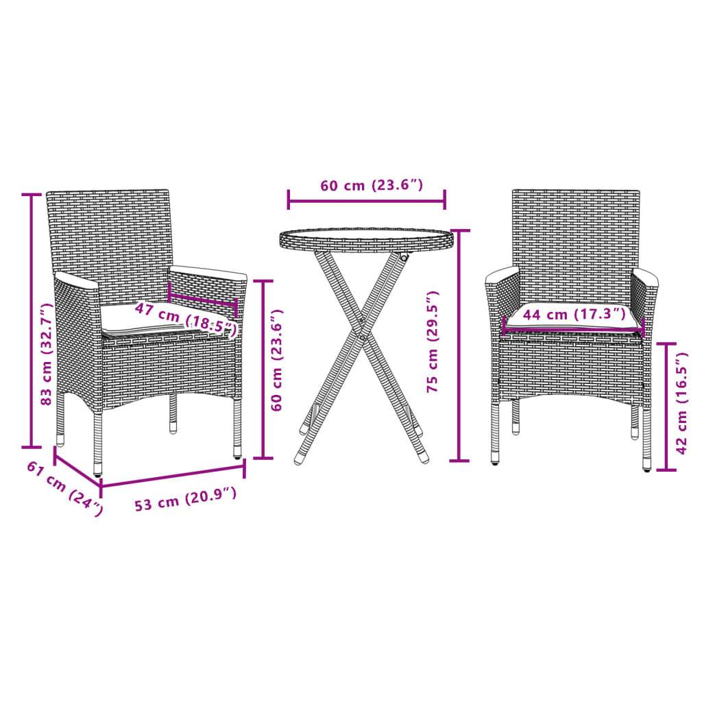 vidaXL 3-tlg. Bistro-Set mit Kissen Grau Poly Rattan & Akazienholz