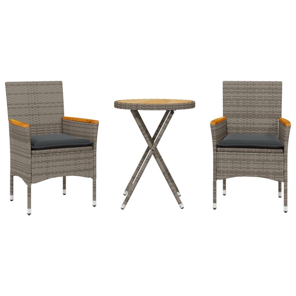 vidaXL 3-tlg. Bistro-Set mit Kissen Grau Poly Rattan & Akazienholz