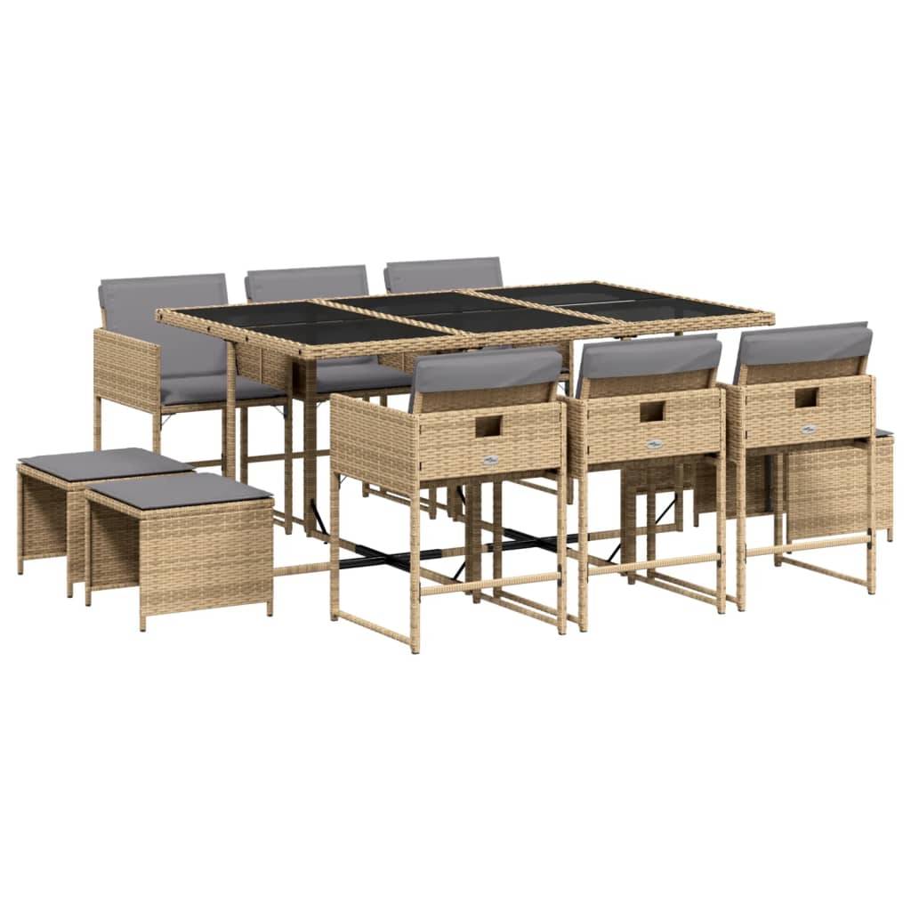 vidaXL 11-tlg. Garten-Essgruppe mit Kissen Beigemischung Poly Rattan