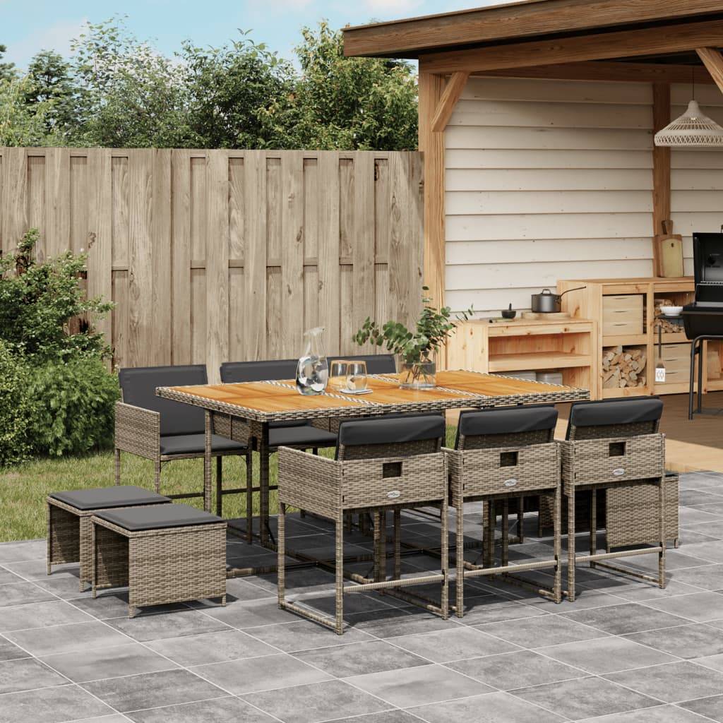 vidaXL 11-tlg. Garten-Essgruppe mit Kissen Grau Poly Rattan