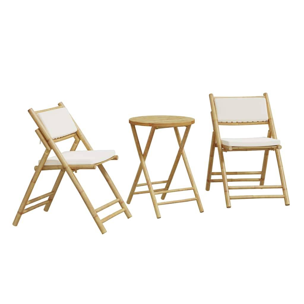 vidaXL 3-tlg. Bistro-Set Klappbar mit Cremeweißen Kissen Bambus