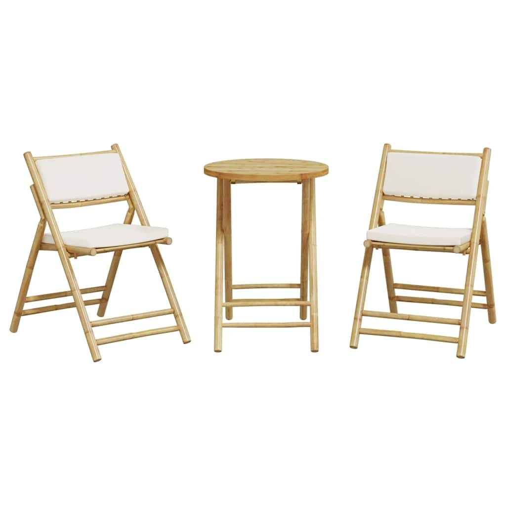 vidaXL 3-tlg. Bistro-Set Klappbar mit Cremeweißen Kissen Bambus