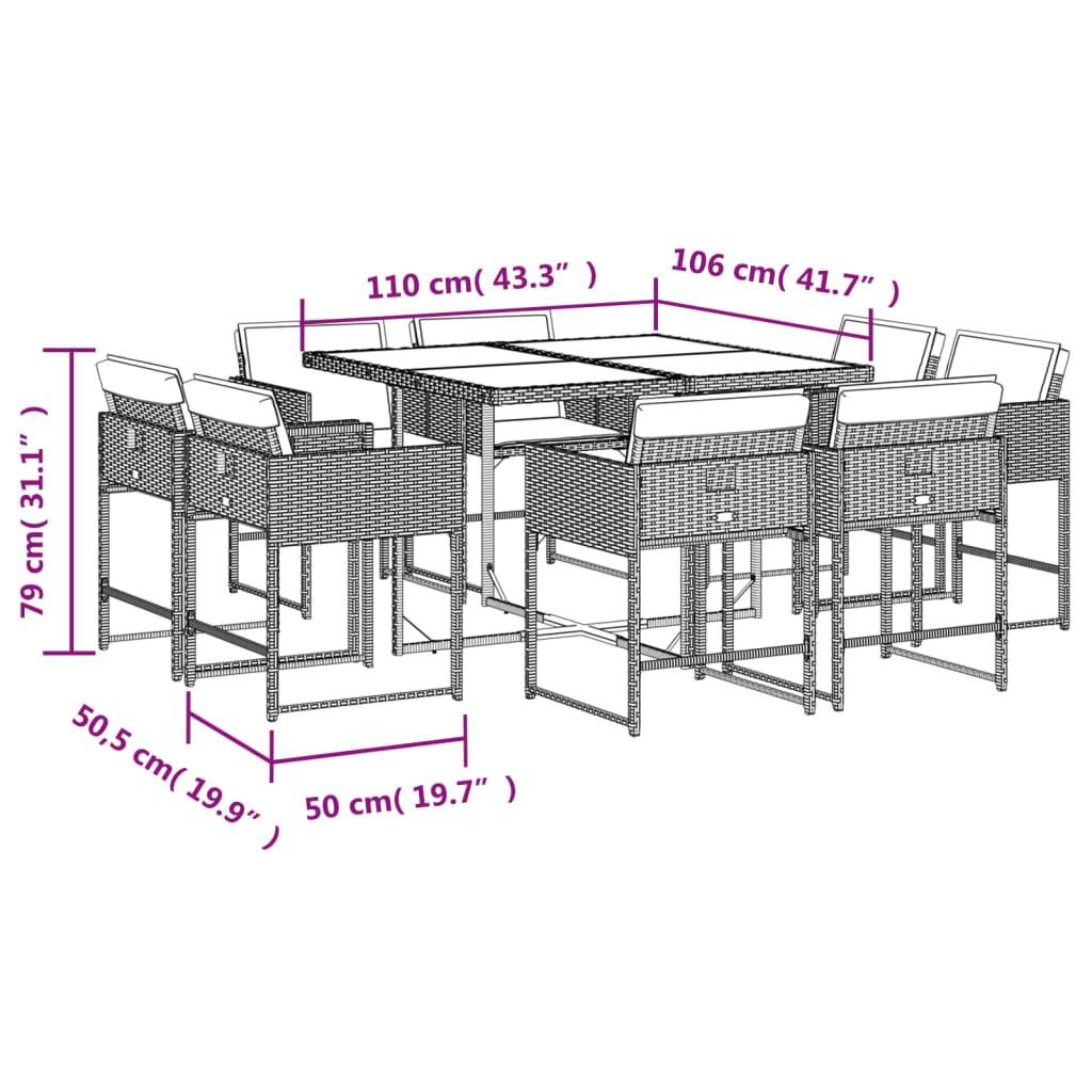 vidaXL 9-tlg. Garten-Essgruppe mit Kissen Grau Poly Rattan