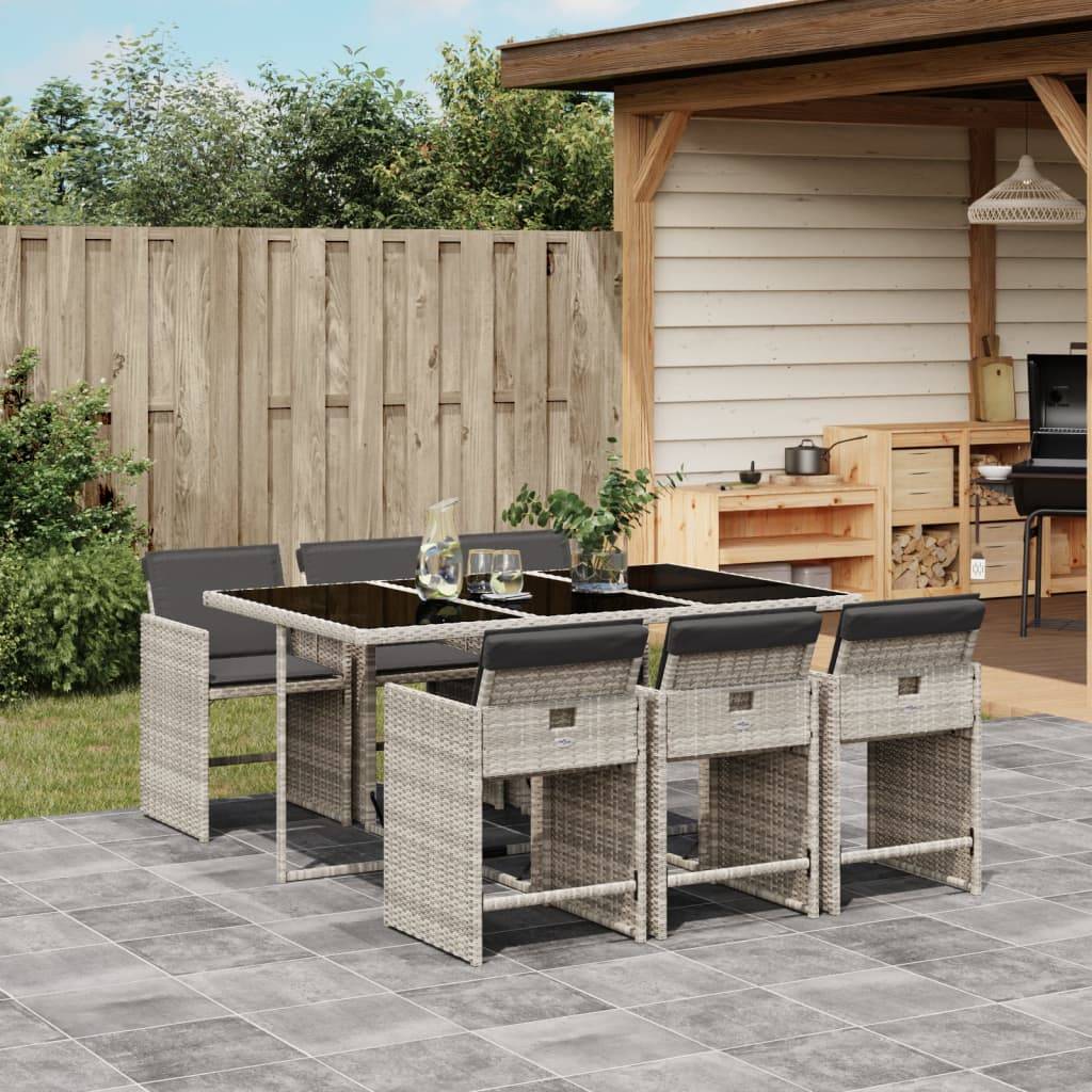 vidaXL 7-tlg. Garten-Essgruppe mit Kissen Hellgrau Poly Rattan