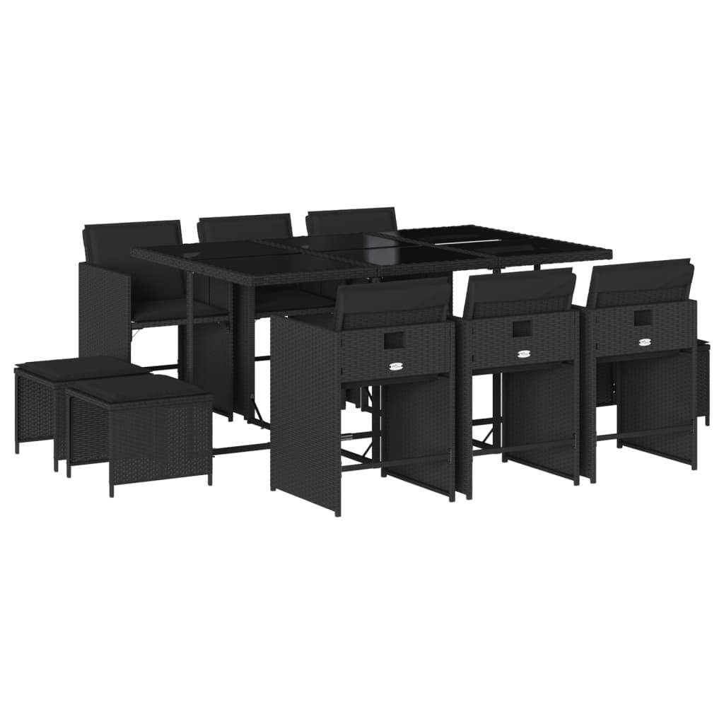 vidaXL 11-tlg. Garten-Essgruppe mit Kissen Schwarz Poly Rattan