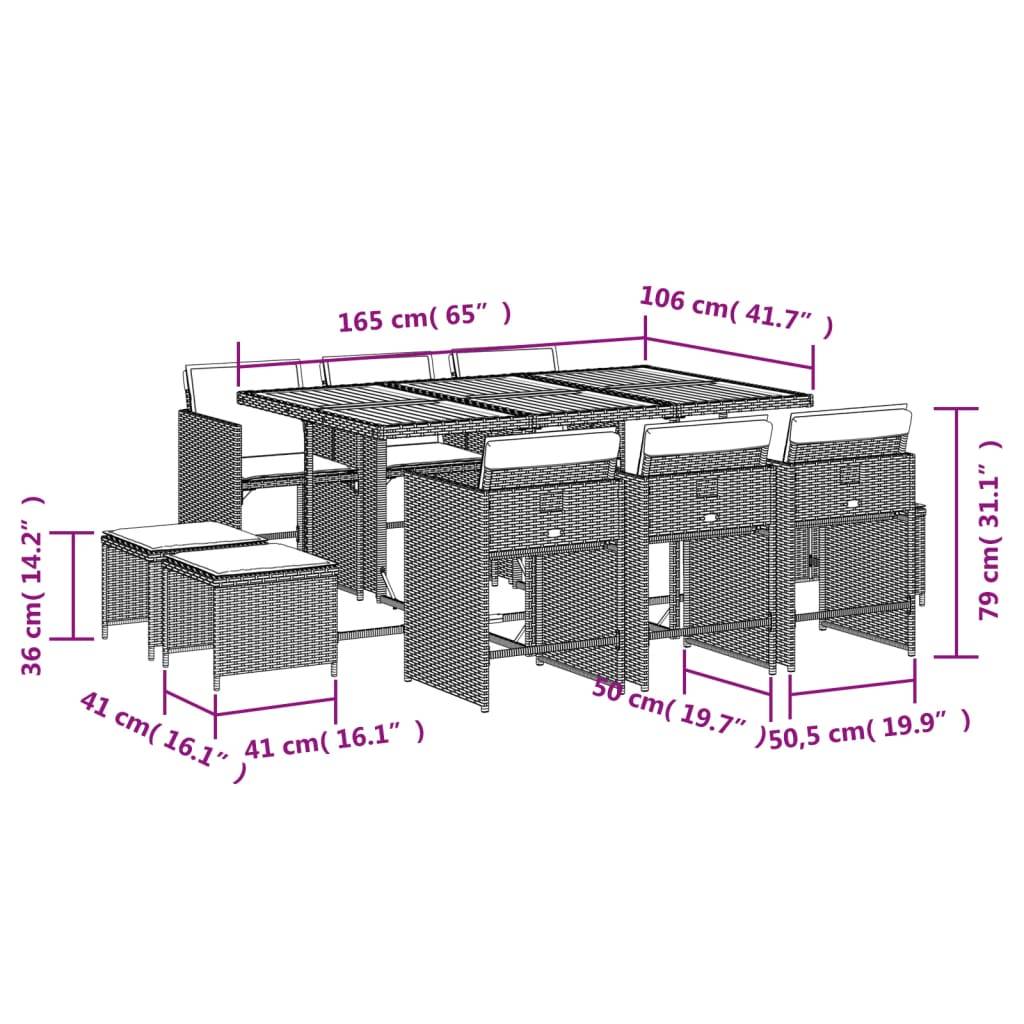 vidaXL 11-tlg. Garten-Essgruppe mit Kissen Grau Poly Rattan