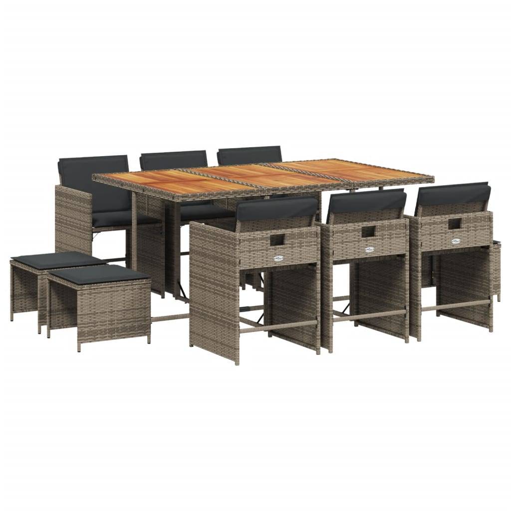 vidaXL 11-tlg. Garten-Essgruppe mit Kissen Grau Poly Rattan