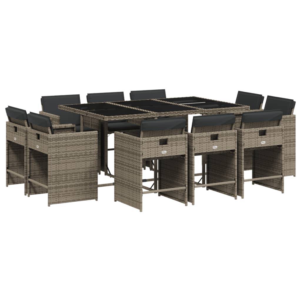 vidaXL 11-tlg. Garten-Essgruppe mit Kissen Grau Poly Rattan