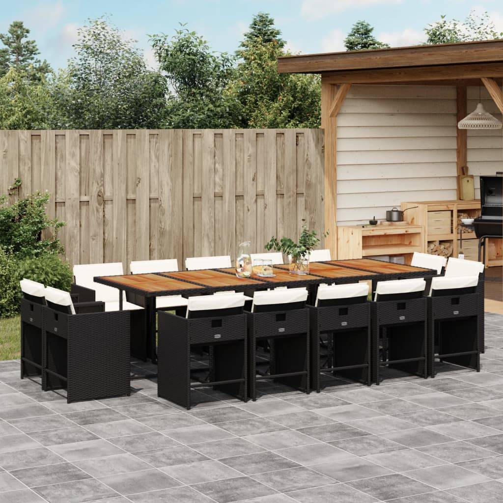 vidaXL 15-tlg. Garten-Essgruppe mit Kissen Schwarz Poly Rattan